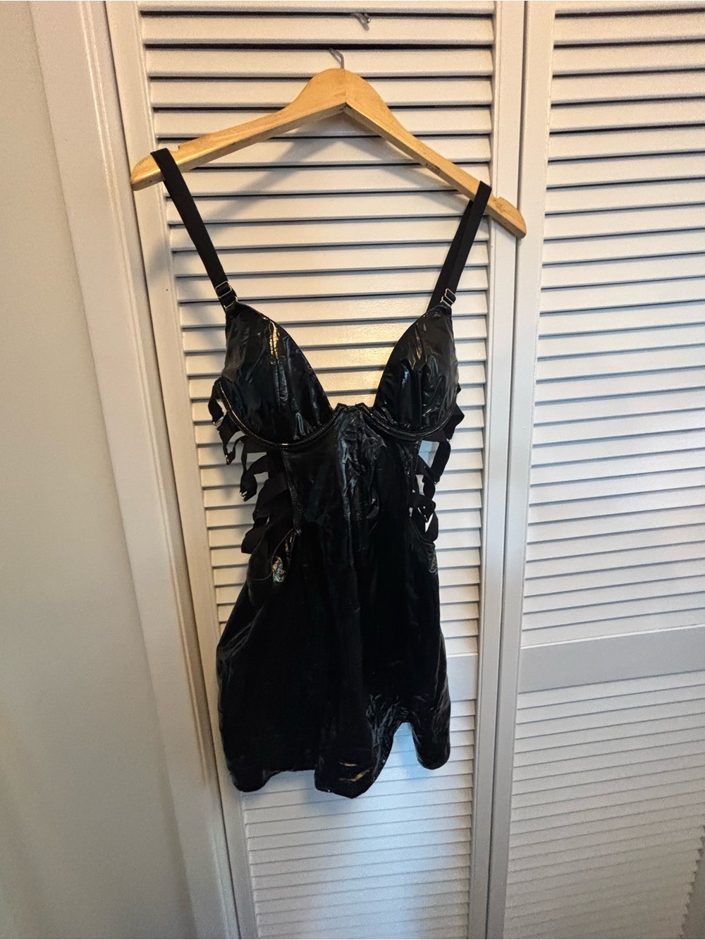 Black faux leather Slip Chemise with Strappy Sides